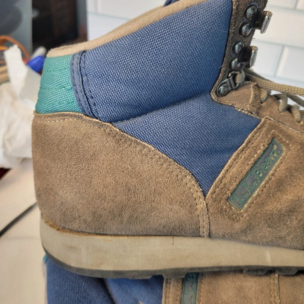 VTG LL Bean Merrell Mens Hiking Boots Sz 10 Brown Blue Suede Canvas Trail Shoes